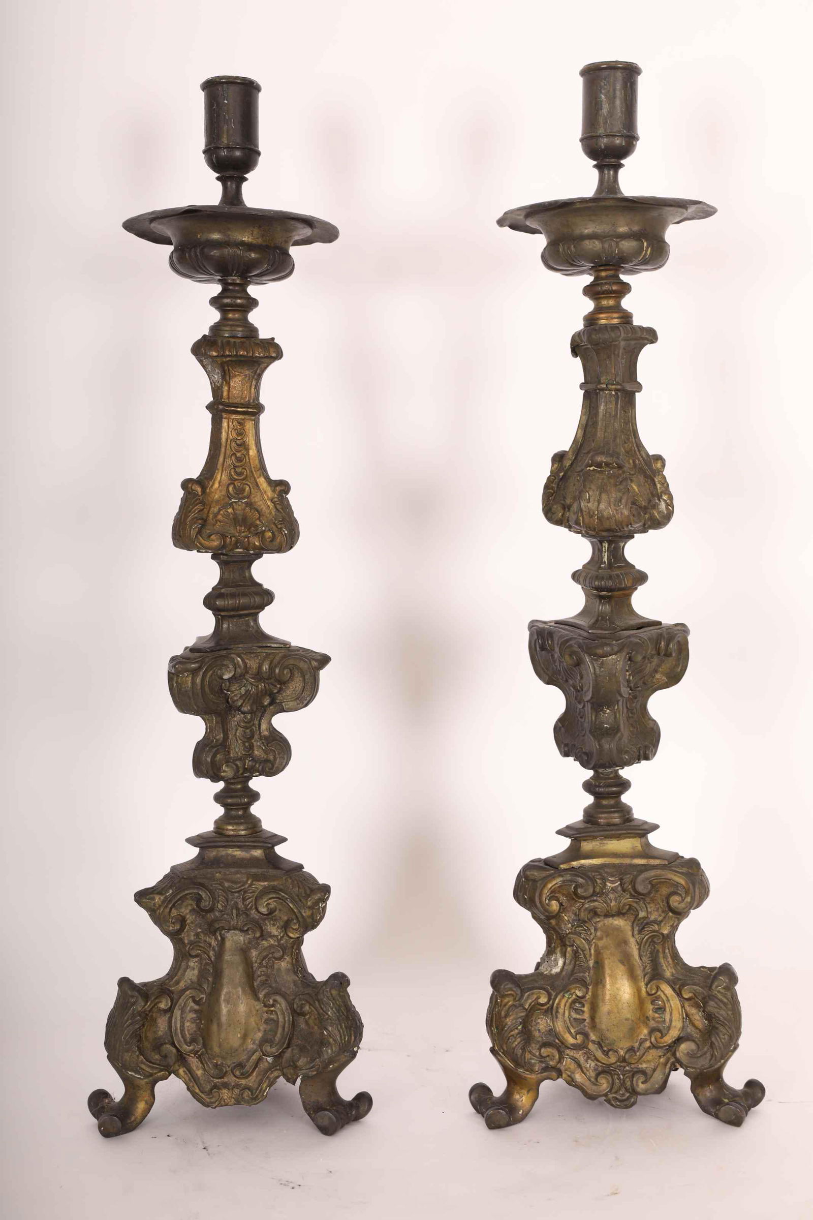 Pr. 19th C. Tri Footed Stamp Brass Prickets (1 of 7)