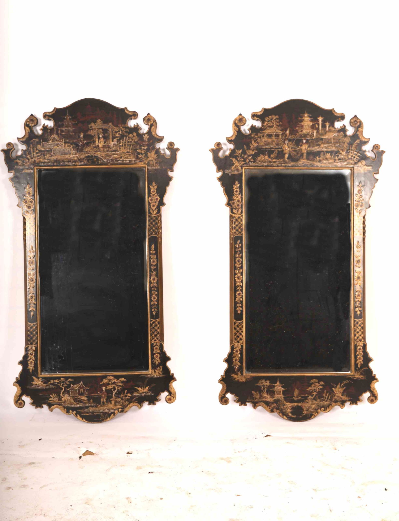 Pr. Chinoiserie Lacquered/Enameled Beveled Mirrors (1 of 9)