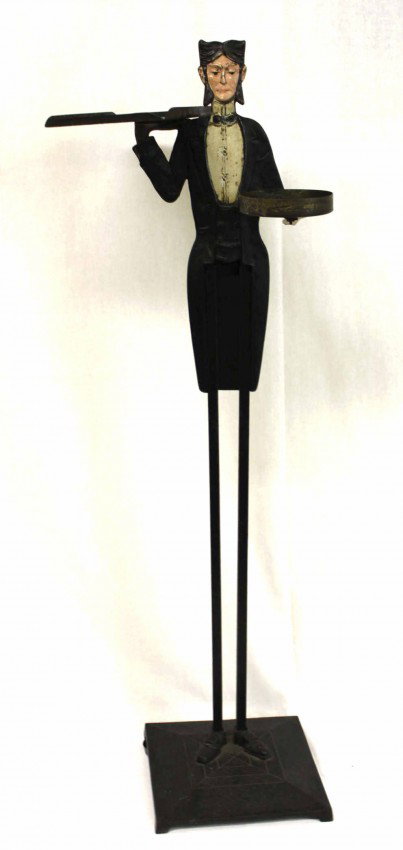 English Butler Cast Iron Smoking Stand: English butler cast iron smoking stand with brass ashtray. Shows very minor wear. Dimensions: 12"x x 36" x 12" Style/Time Period: Early 20th century Artist: Unknown