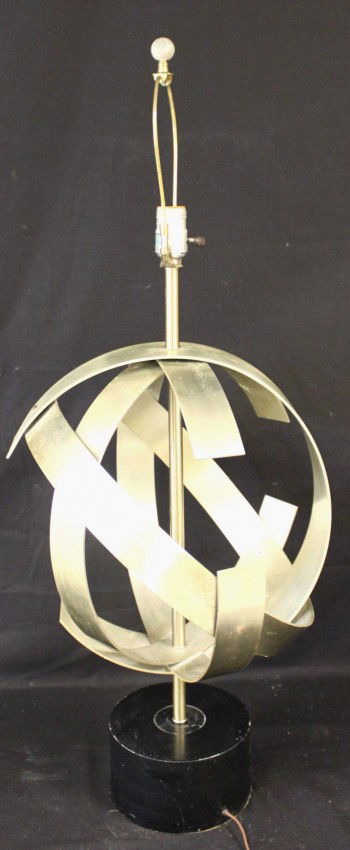 Spherical Art Metal Table Lamp: Spherical art metal aluminum table lamp with wooden base. Shows wear to paint on base and aluminum needs cleaning. Dimensions: 27" x 15" (w/out harp) Style/Time Period: Mid century