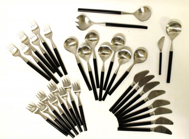 Lauffer of Norway Stainless Steel Flatware Set: Lauffer of Norway 18/8 staianles steel flatware with black resin handles. Service for 6 (4-piece place settings), plus serving utensils and extra pieces as follows: 6 dinner forks, 8 salad forks, 7 sp