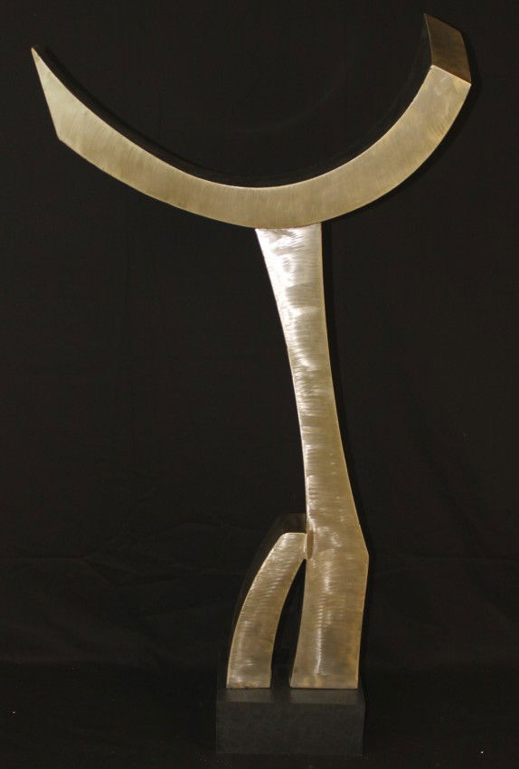 John Roper Large Stainless Steel Sculpture: John Roper large stainless steel sculpture on a mica plinth. Signed. Dimensions: 24" x 45" x 6.5" Style/Time Period: Mid century Artist: John Roper