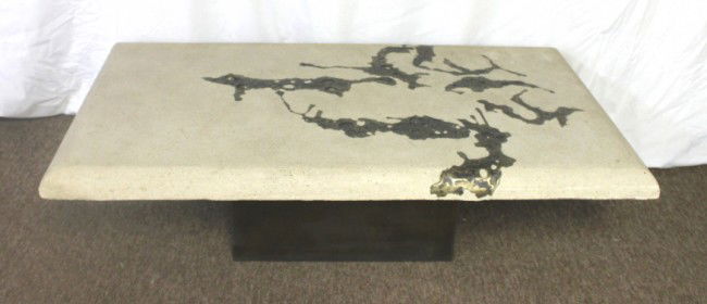Silas Seandel Stone and Brass Coffee table: Silas Seandel large cast stone and bronze coffee table. Mounted on a rectangular bronze clad pedastal. Signed and dated 1982 Style/Time Period: Modern (1982) Artist: Silas Seandel