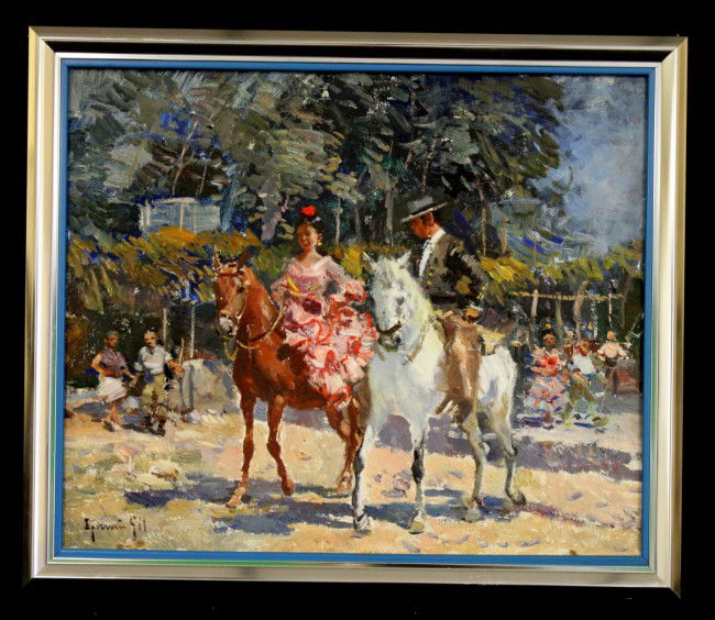 Ignacio Gil Sala Oil on Canvas: Spanish / Mediterranean painter, Ignacio Gil Sala original oil on canvas depicting couple on horseback. Dimensions: 18" x 15"(painting) Style/Time Period: Mid century-Modern Artist: Ignacio Gil Sala