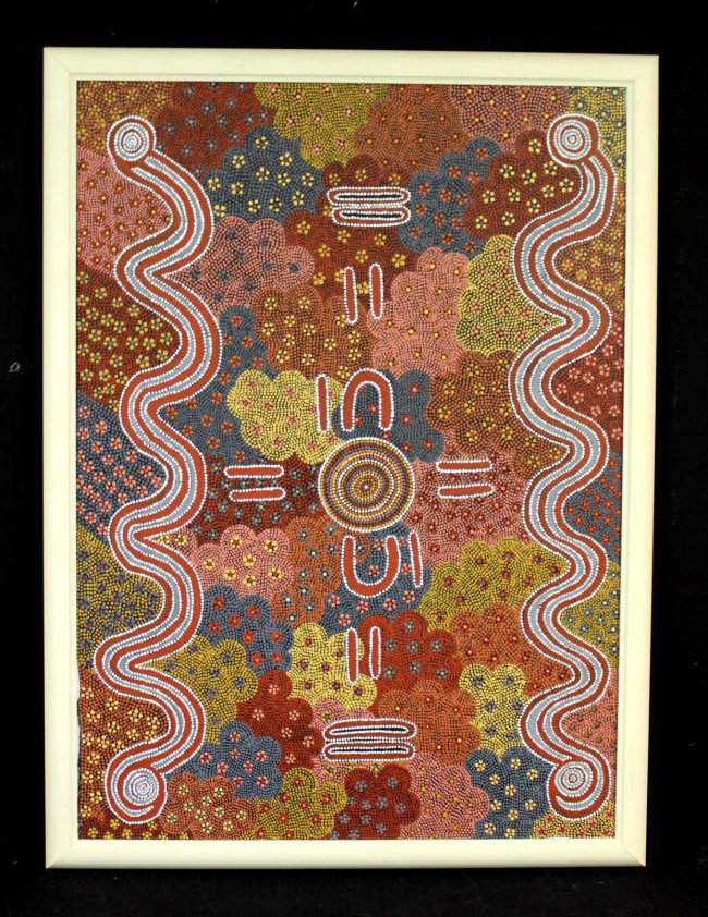 Abbott George Aboriginal Painting: Abbott George aboriginal painting. Titled, "Mudgerra". Dimensions: 26" x 36" Style/Time Period: 20th century Artist: Abbott George
