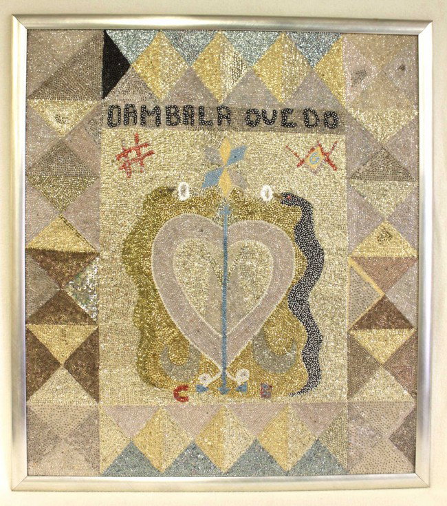Haitian Artist, Clotaire Bazile, "Dambala Ouedo": Haitian Voodoo priest and artist, Clotaire Bazile, "Dambala Ouedo". Beads and sequins sewn onto satin, framed. Dimensions: 31.25" x 35.75" Style/Time Period: Modern Artist: Clotaire Bazile