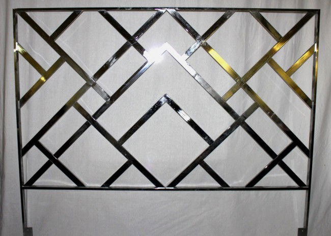 Chrome King Headboard: Large geometric chromed steel headboard for king sized bed. Needs cleaning. Most pitting and surface discoloration easily posishes off. Dimensions: 78" x 67" x 1 5/8" Style/Time Period: Mid century