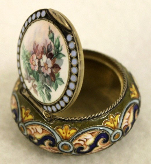 Russian Silver and Enamel Pill / Snuff Box: Russian silver and enamel pill and/or snuff box. Finely enameled, heavy construction. Hallmarked and stamped "84". Very minor wear. Dimensions: 2"d x 1" Style/Time Period: 19th century