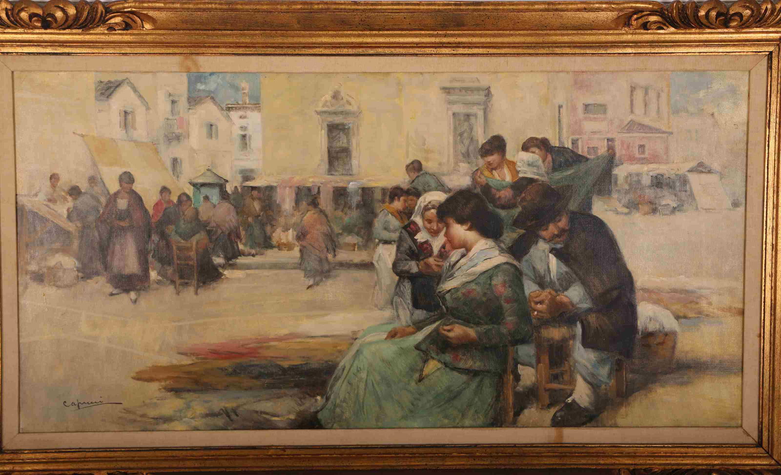 MC Lg. Oil on Canvas European Town Scene in Square (1 of 9)