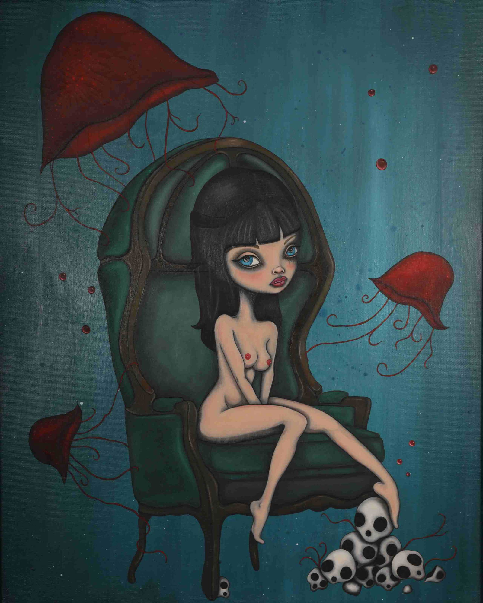 Lea Barozzi Lowbrow Oil on Canvas "The Joy Eaters": Lea Barozzi lowbrow oil on canvas titled "The Joy Eaters", 2013. Nude female with large eyes sits in a high backed chair beneath swimming jellyfish with a pile of skulls at her feet. Signed, titled, d