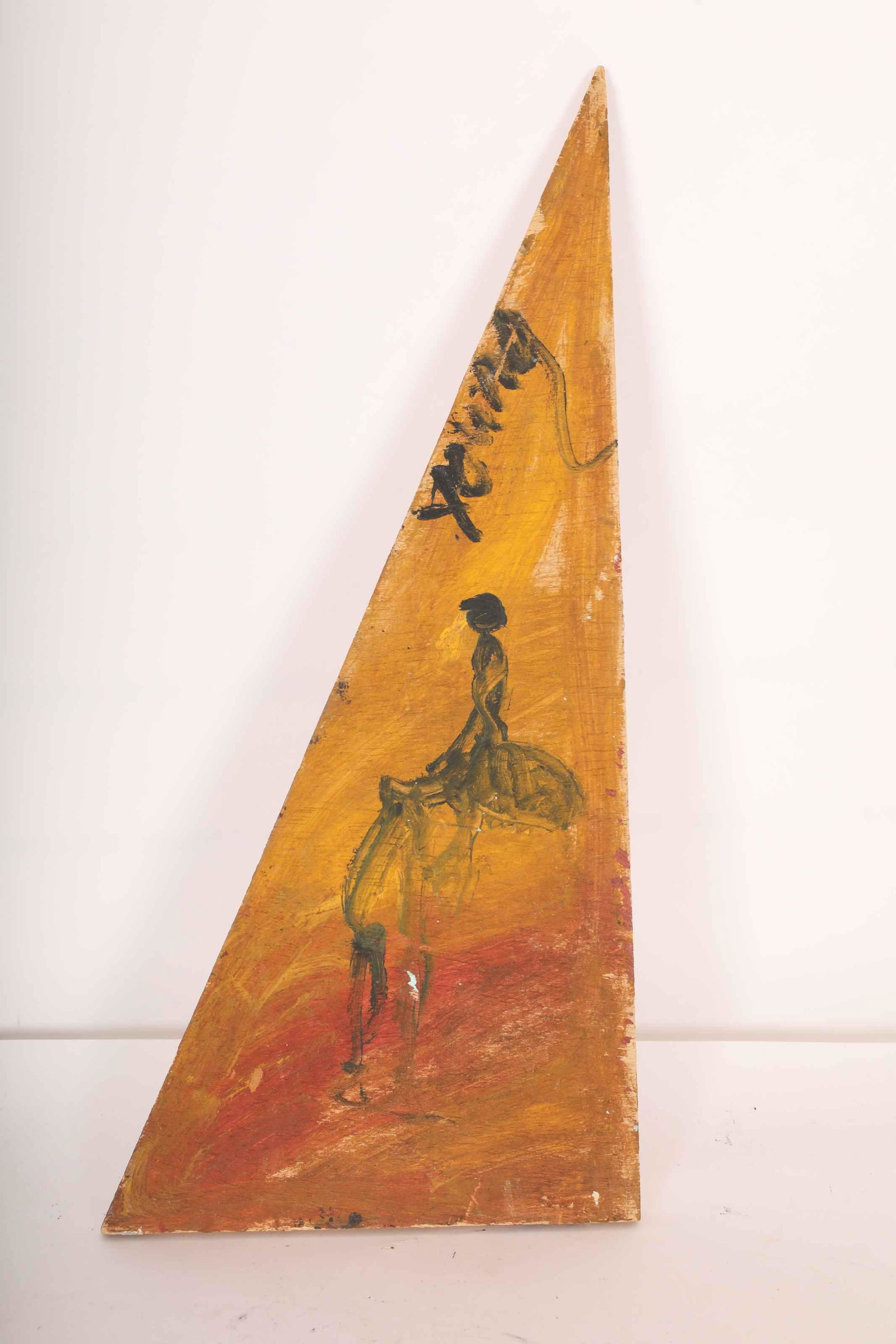 Purvis Young Painting on Found Wood title "Pregnant Woman": Purvis Young (American, 1943-2010) contemporary/outsider painting on found triangular composite wood titled "Pregnant Woman" and dated circa 1999. Signed top left and includes certificate of authentic