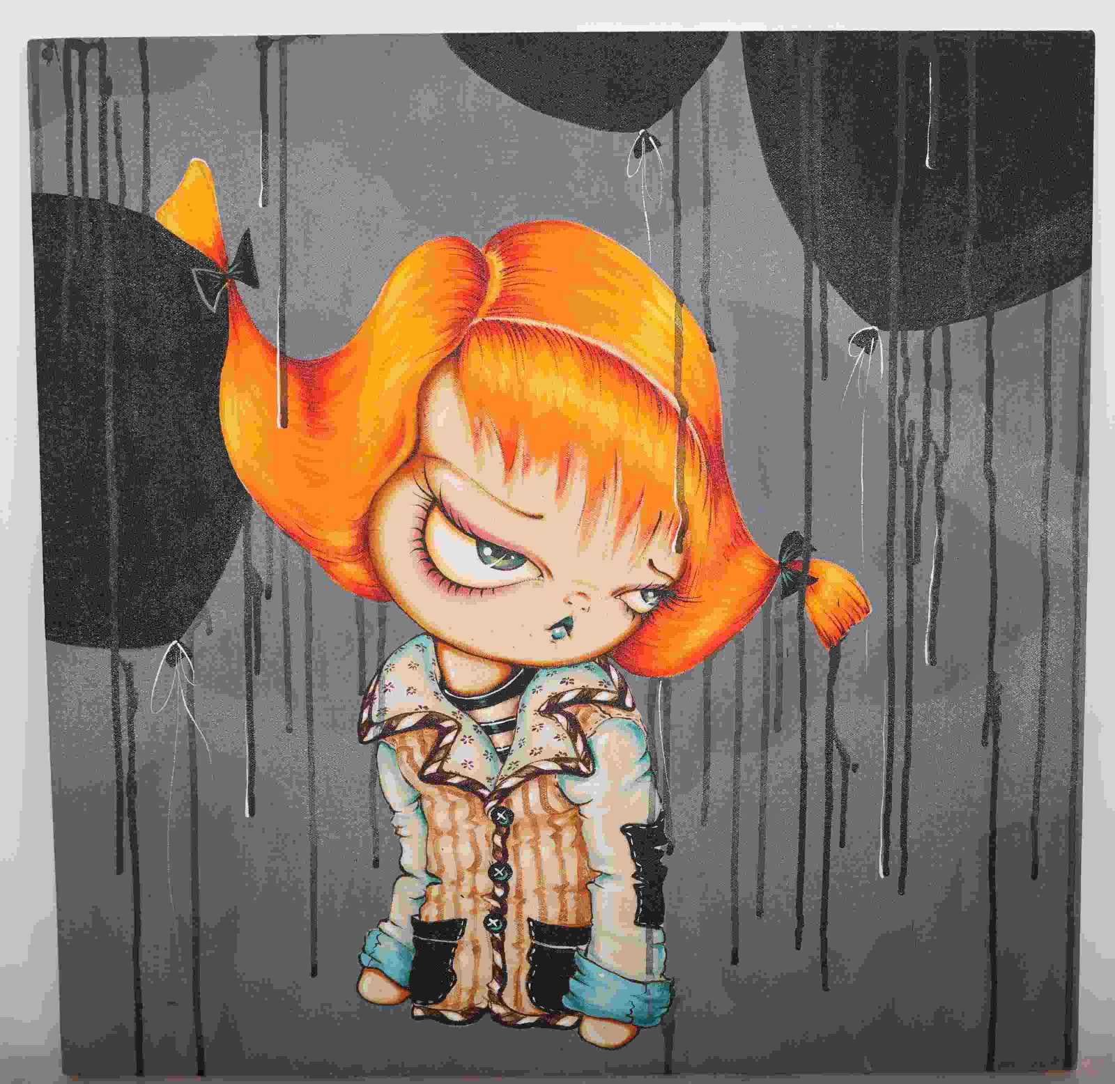 Pinkytoast Painting "Tethered to a Black Balloon": Pinkytoast Lowbrow contemporary pop art mixed media on Canvassed wood titled "Tethered to a Black Balloon", 2011. Depicts a big eyed flaming haired girl amongst black ballons. Excellent condition (nee