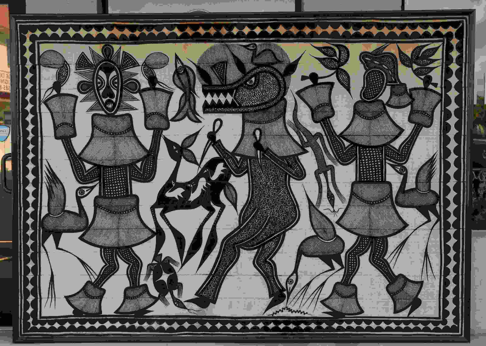 Woven Senufo Korhogo Cloth of Mythological Figures: Vintage woven Senufo Korhogo cloth of mythological figures. Made up of fourteen strips woven together, the cloth has a fermented mud-base with natural vegetal pigment that darkens with time. The piece