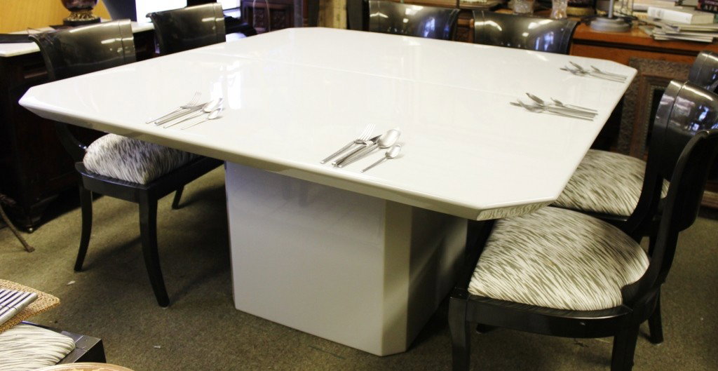 Large, Square White Lacquer Dining Table: Large, square white lacquer dining table with eased corners. Table has 2 extension leaves measuring 16' each. Minor damage to edge on leaves. Dimensions: 60" x 60" x 29"T Style/Time Period: Modern Art