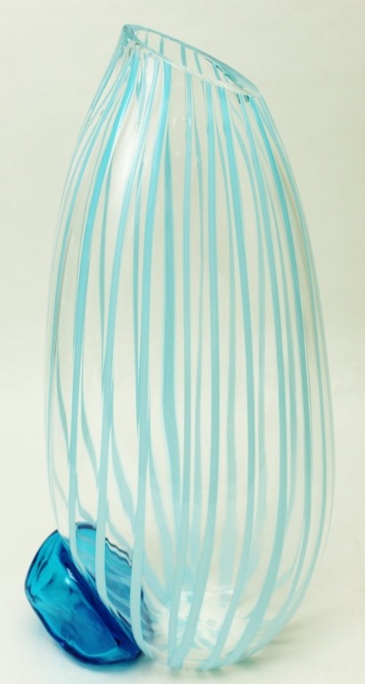 Licio Zanetti Large Blue-Striped Art Glass Vase: Large Murano art glass vase by Italian artist Licio Zanetti. The vase has vertical light blue stripes running the height of the vase and there is a royal blue boulder attached on the bottom side. Sign