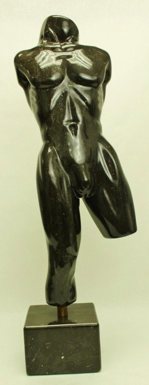 Tim Rider Marble Sculpture, Nude Male: Black marble sculpture by artist Tim Rider. Nude male torso on a marble plinth. Dimensions: 9 1/2" x 33" x 6" Style/Time Period: Modern Artists: Tim Rider