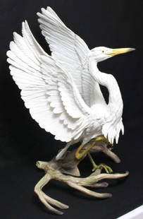 Boehm, "Great White Heron" Sculpture: Life-sized Boehm "Great White Heron" sculpture. Bone porcelain, made in England. Number 73, 1984. We are forced to resell this item due to a nonpaying phone bidder. Dimensions: 25" x 30" x 22" Style/