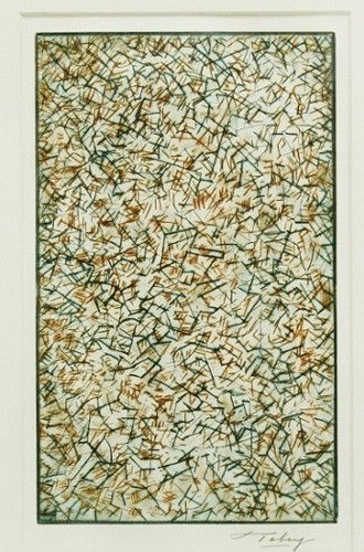 Mark Tobey Drypoint Print "Pensees Germinales": Mark Tobey- ''Penses Germinales''- drypoint, 1972, signed in pencil, edition of 150, a Print Club of Cleveland Special publication for 1973. Frame measures 17" x 24". Dimensions: 6" x 10" Style/Time