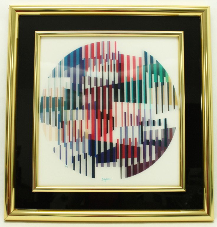 Yaacov Agam Agamograph: Abstract, kinetic Agamograph by artist Yaacov Agam (Israel, born 1928). An Agamograph printing uses lenticular printing to present radically different images, depending on the angle from which it is v