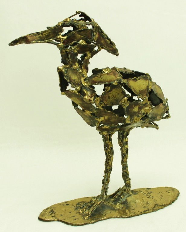 Silas Seandel Bronze Sculpture Great Crested Heron: Welded bronze sculpture by artist Silas Seandel (American, born 1937). Titled "Great Crested Heron", from the collection "Seandel Birds". Bird stands on a free form base. Dimensions: 13" x 14.25" x 4