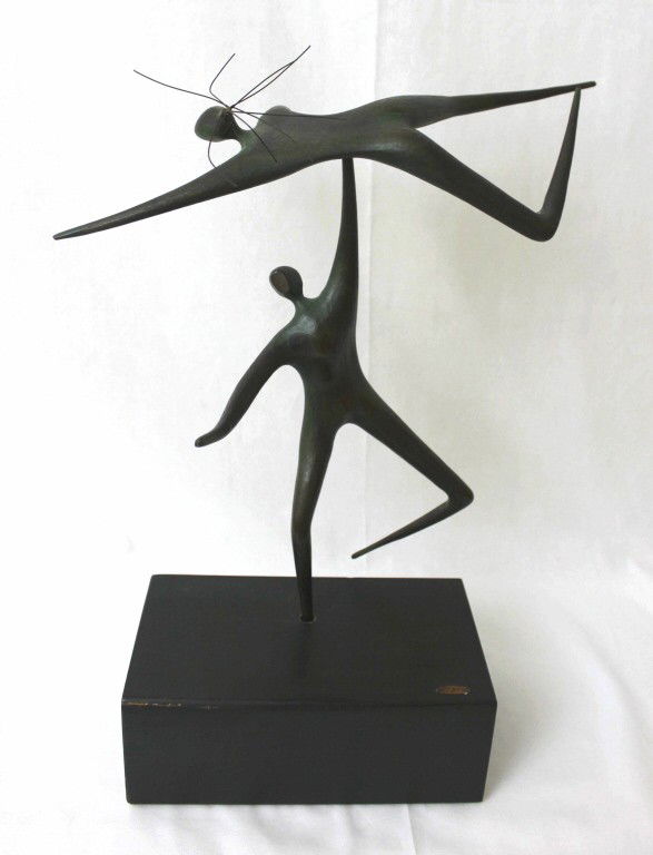 C. Jere Bronze Acrobats Sculpture 1967: C. Jere mid century bronze sculpture of 2 acrobats. Set on an ebonized wood plinth (figures rotate freely on base). Signed, "C. Jere, '67". Minor losses to paint on wood plinth. Dimensions: 15" x 18"