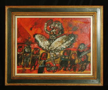 Theo Tobiasse Original Gauche "Avant Premiere": Original gauche on board by Israeli artist, Theo Tobiasse. Titled, "Avant Premiere". Signed in the upper left quarter of the painting, "Theo Tobiasse". Framed, under glass. Frame measures 35" x 29". D