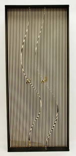 Julio Le Parc "Continuos Mobile Forms in Contorsion": Kenetic Art by artist Julio Le Parc, Argentinian, born 1928. Sculture / wall hanging using motorized stainless steel ribbons set inside a steel frame with a striped optical backround. Titled,