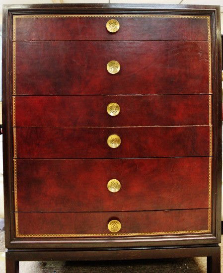 Charak Modern Mahogany and Tooled Leather Dresser: Mahogany and tooled leather dresser with brass hardware by designer Charak Modern. Minor scratches to finish on top. Dimensions: Style/Time Period: