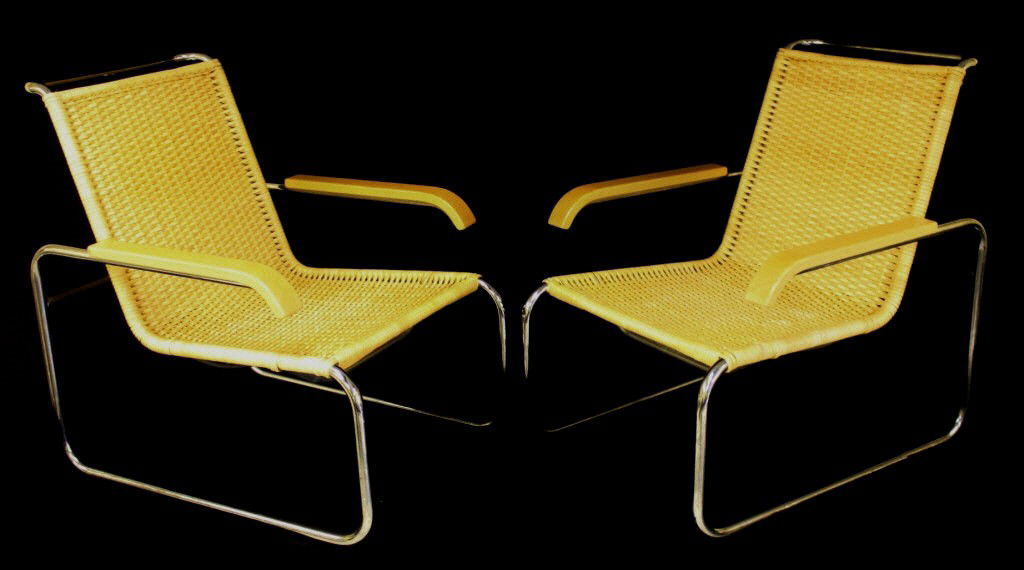 Pair, Marcel Breuer Knoll Chrome & Rattan Lounges: Pair of Marcel Breuer B-35 lounge chairs, Knoll International. Chrome and woven rattan with lacquered maple armrests in like new condition. Hungary/USA, 1928/c. 1965 Dimensions: 25 1/2" x 32 1/2" x 3