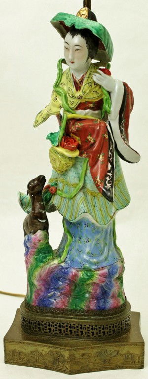 Hand-Painted Chinese Porcelain Woman Lamp: Hand painted Chinese porcelain sculpture depicting a woman with a lamb. Mounted as a lamp without damage to figurine. Base measures 7" x 2 1/2" x 6". Figure measures 6" x 14" x 4" Dimensions: 6" x 14