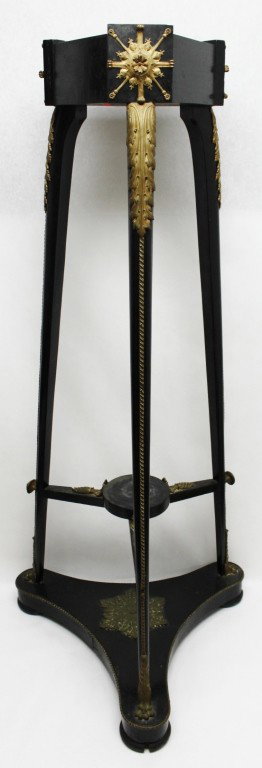 19th Century Ebonized Wood Plant Stand: Empire plant stand with bronze mounts and ebonized wood. Missing finial on one leg and minor losses, as shown. Dimensions: 23" x 23" x 50" Style/Time Period: Early 19th Century