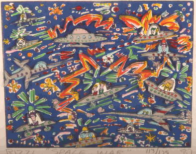 James Rizzi Screenprint "Space War" 113/175, 1987: James Rizzi (1950-2011, American) Original 3D Construction Relief Screenprint titled "Space War" numbered 113/175, 1987. Humans and aliens engage in space battle. Hand signed bottom left, titled middl