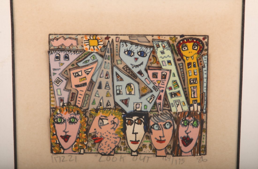 James Rizzi Screenprint "Look Out" 124/175,1986: James Rizzi (1950-2011, American) Original 3D Construction Relief Screenprint titled "Look Out" numbered 124/175,1986. Four portraits sit beneath characterized buildings. Hand signed bottom left, titl