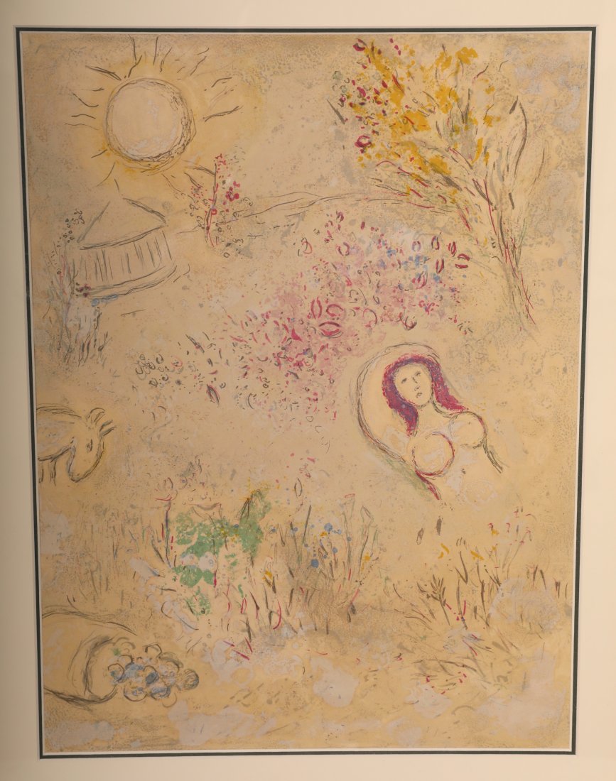 Marc Chagall Lithograph "Chloe", 1961: Marc Chagall (Russian, 1887-1985) lithograph on wove paper titled "Chloe" from Daphnis and Chloe series: edition of 250, 1961. Image shows nude female in landscape with flora, fauna and Greek architec