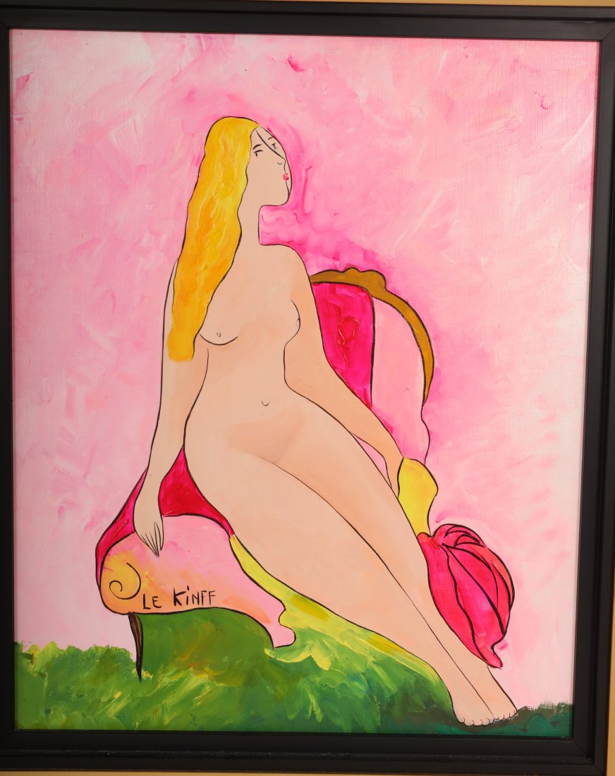 Linda Le Kniff Acrylic on Wood "Posing Nude #3": Linda Le Kniff (French, b. 1949) acrylic paitning on wood panel "Posing Nude #3", 2006. Nude blonde lounges in chair. Singed bottom left and signed on back with registration number 175807.0001 . Inclu