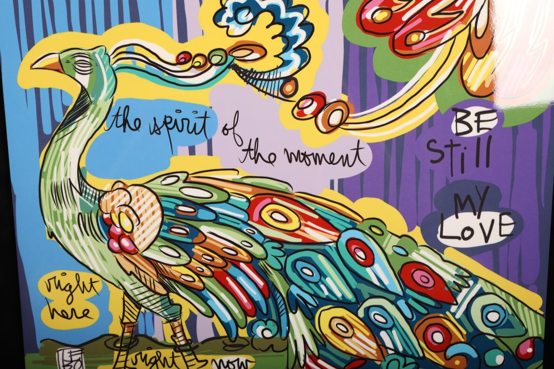 Lebo Caldograph "Be Still My Love" 447/497, 2019: Lebo (David Le Batard- American, b. 1972) Caldograph (dye sublimation on wood) "Be Still My Love" numbered 447/497, 2019. Post-modern Cartoon Expressionist peacock with text. Hand singed in pigment "L