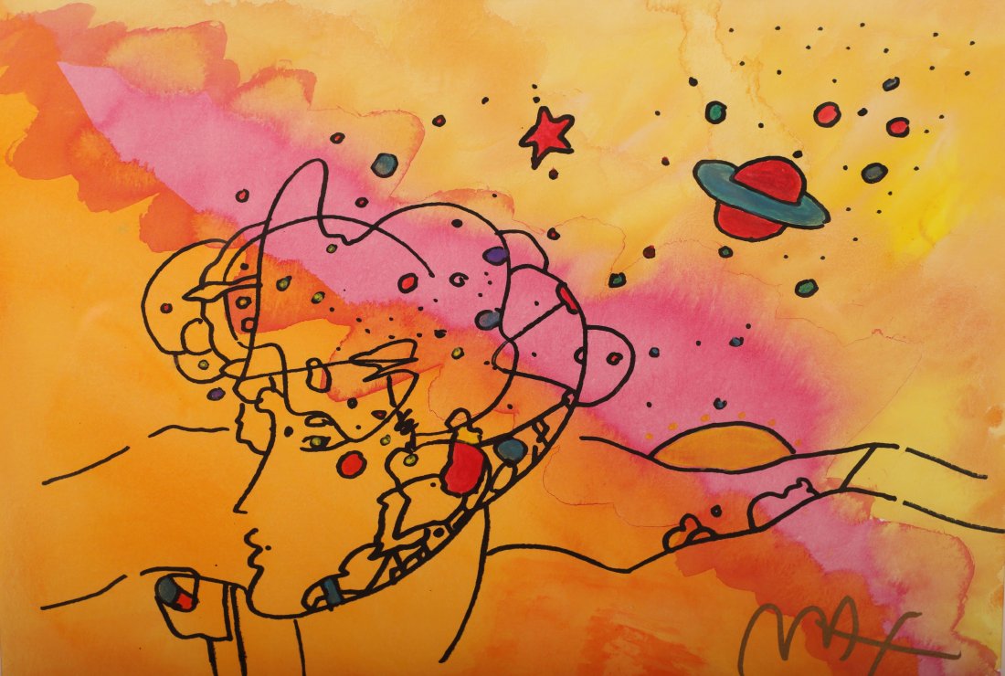 Peter Max Watercolor on Paper "Beauty with Planet" (1 of 10)