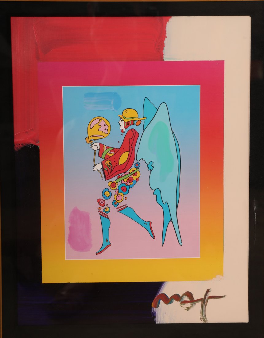 Peter Max Mixed Media "Tip Toe Floating on Blends": Peter Max (American/German, b.1937) mixed media with acrylic painting and color lithography on paper titled "Tip Toe Floating on Blends: Retro Suite", 2006. Abstract pop art angel figure with balloon.