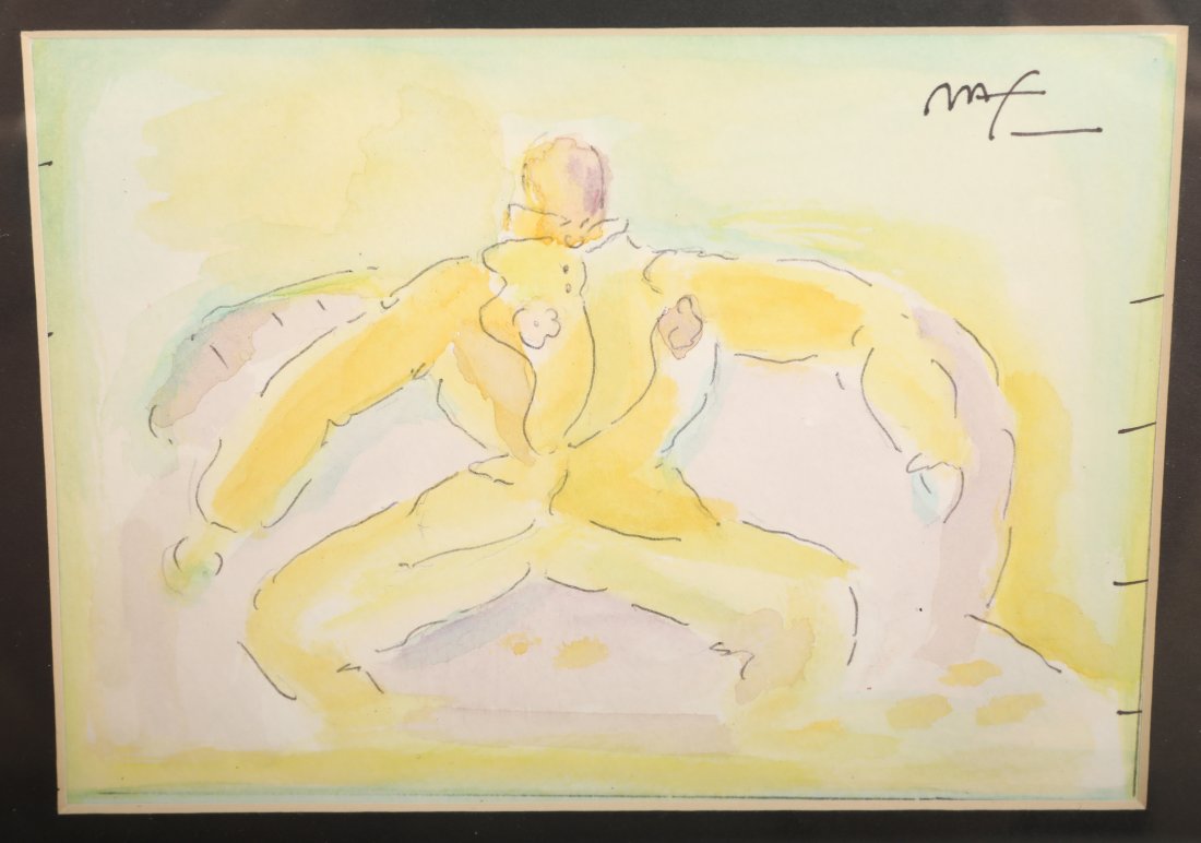 Peter Max Watercolor & Ink on Paper of Nude Male: Peter Max (American/German, b.1937) Watercolor and ink painting on paper of abstract nude male figure . Artist signed top right. Excellent condition. Art measures 7" x 5", frame measures 14" x 12".