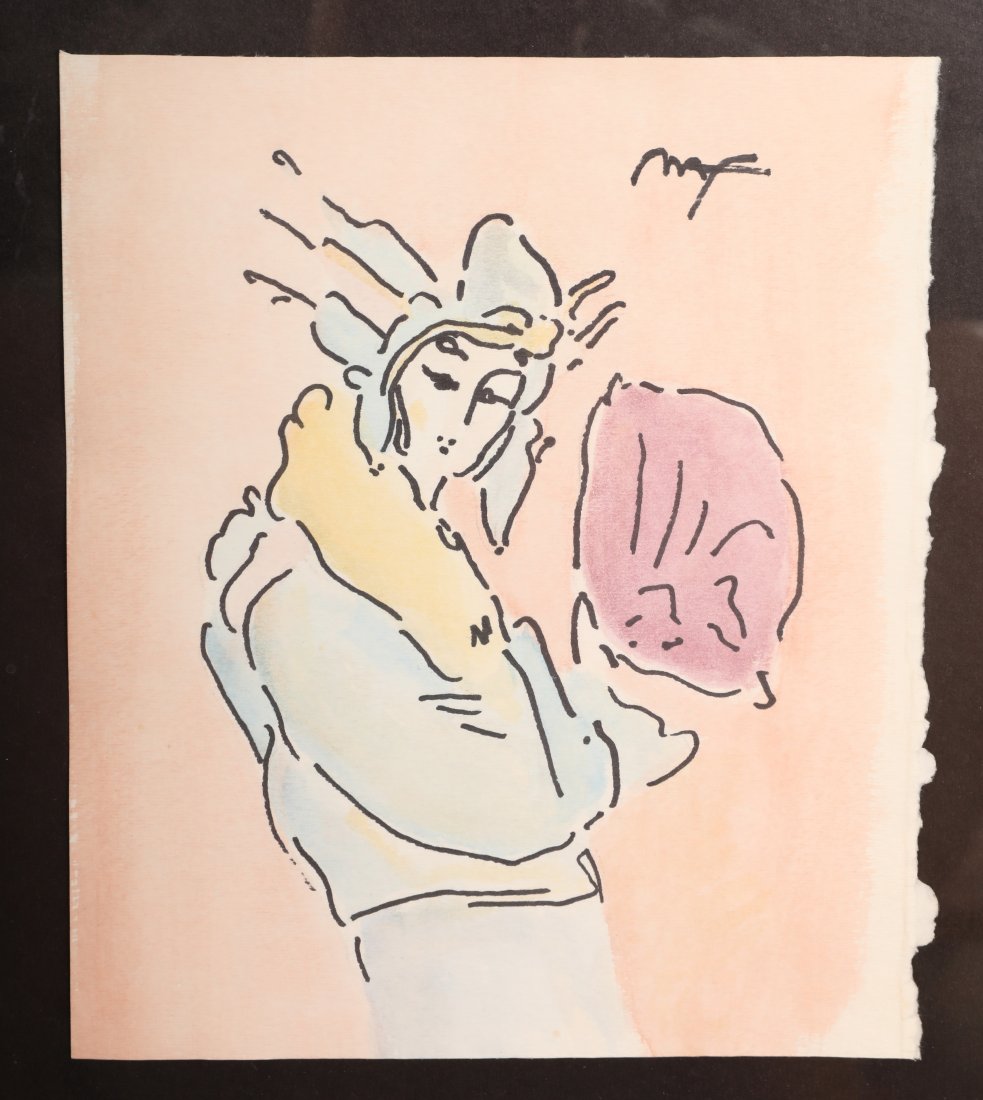 Peter Max Watercolor on Paper Figure w Fan, 1992 (1 of 7)