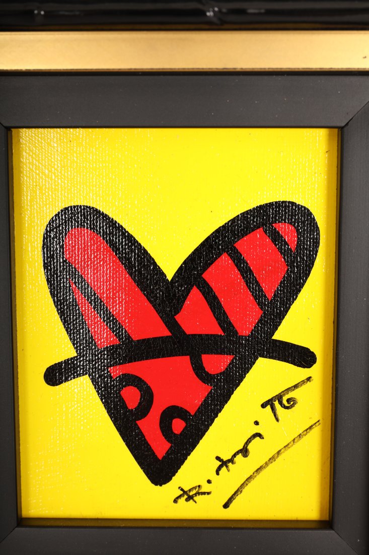 Romero Britto Acrylic on Canvas "With Love", 2017: Romero Britto (Brazilian b. 1963) acrylic painting on canvas "With Love", 2017. Red patterned heart on golden background. Signed bottom right. Includes certificate of authenticity. Excellent condition