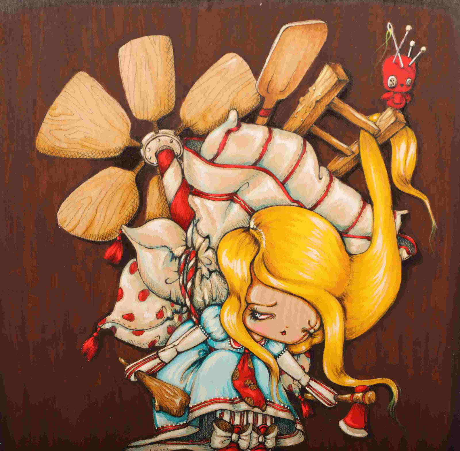Pinkytoast Gouache Wood "Battle Your Nightmares": Pinkytoast mixed medi painting of gouache and ink on birch wood panel titled “Battle Your Nightmares”, 2013. Big head blonde girl with arms made of a bat and an axe carries a heavy load on