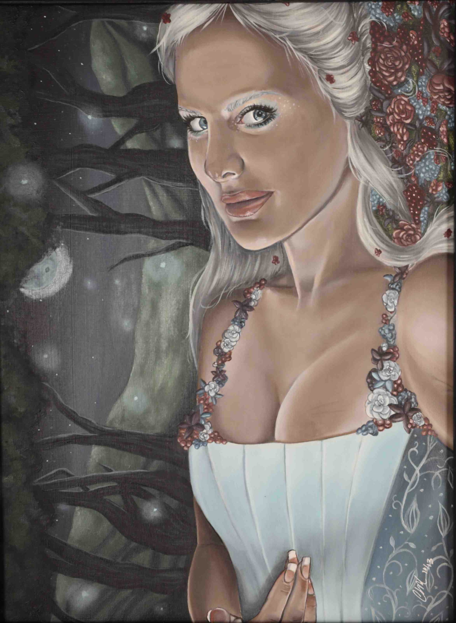 Christina Lank Oil On Wood “Queen Of The Fae" 2013: Christina Lank oil on wood, framed “Queen of the Fae”, 2013. Silver haired fairy queen looks at the viewer wearing a corset. Signed and dated on back. Excellent condition. Measures 8.5R