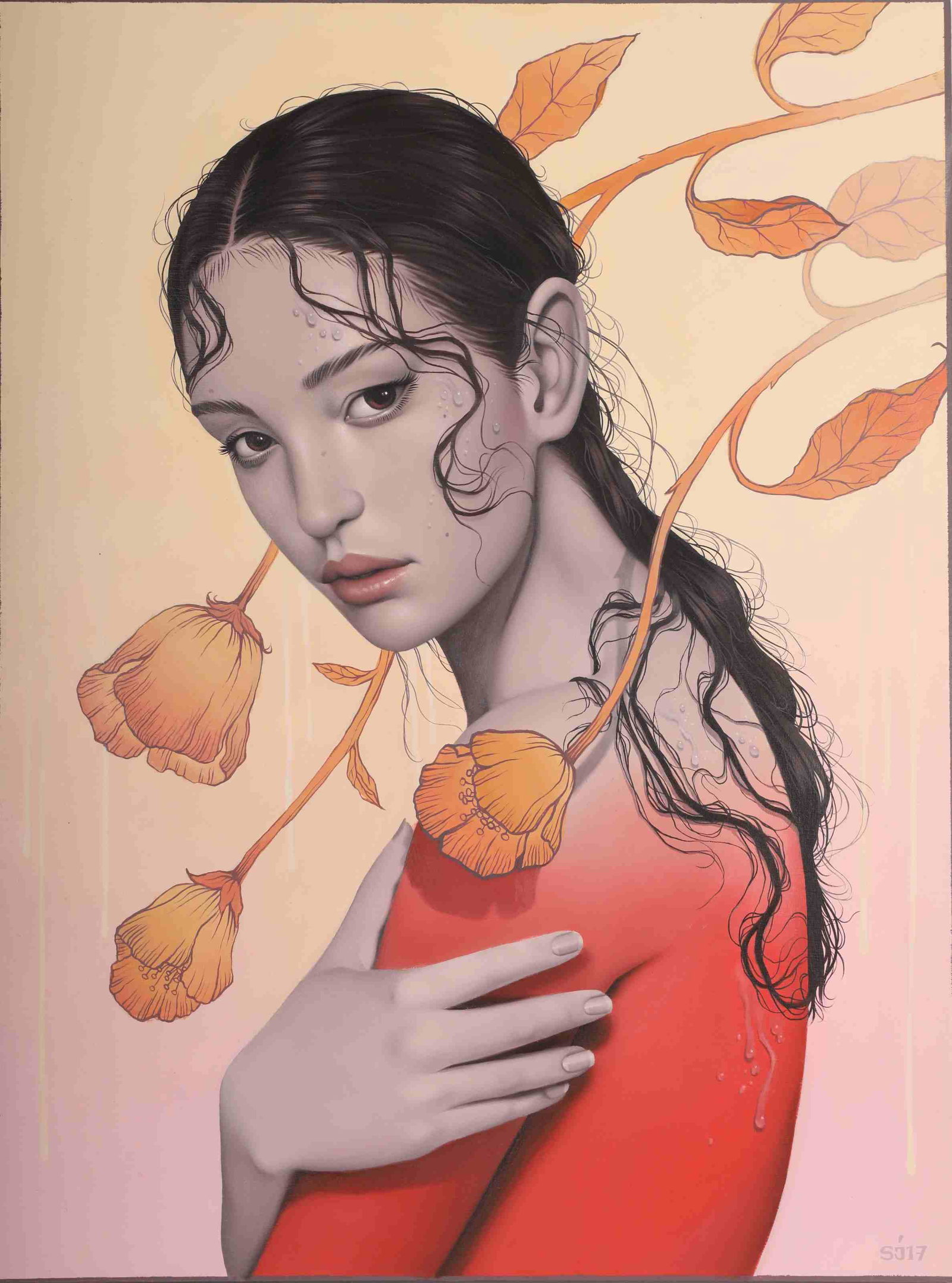 Sarah Joncas Oil & Acrylic On Panel “Fever Break”: Sarah Joncas oil and acrylic on panel, “Fever Break”, 2018. Nude woman with red torso sweats; placed in an abstract and floral stetting. Monogrammed SJ17 lower right. Signed, titled and da