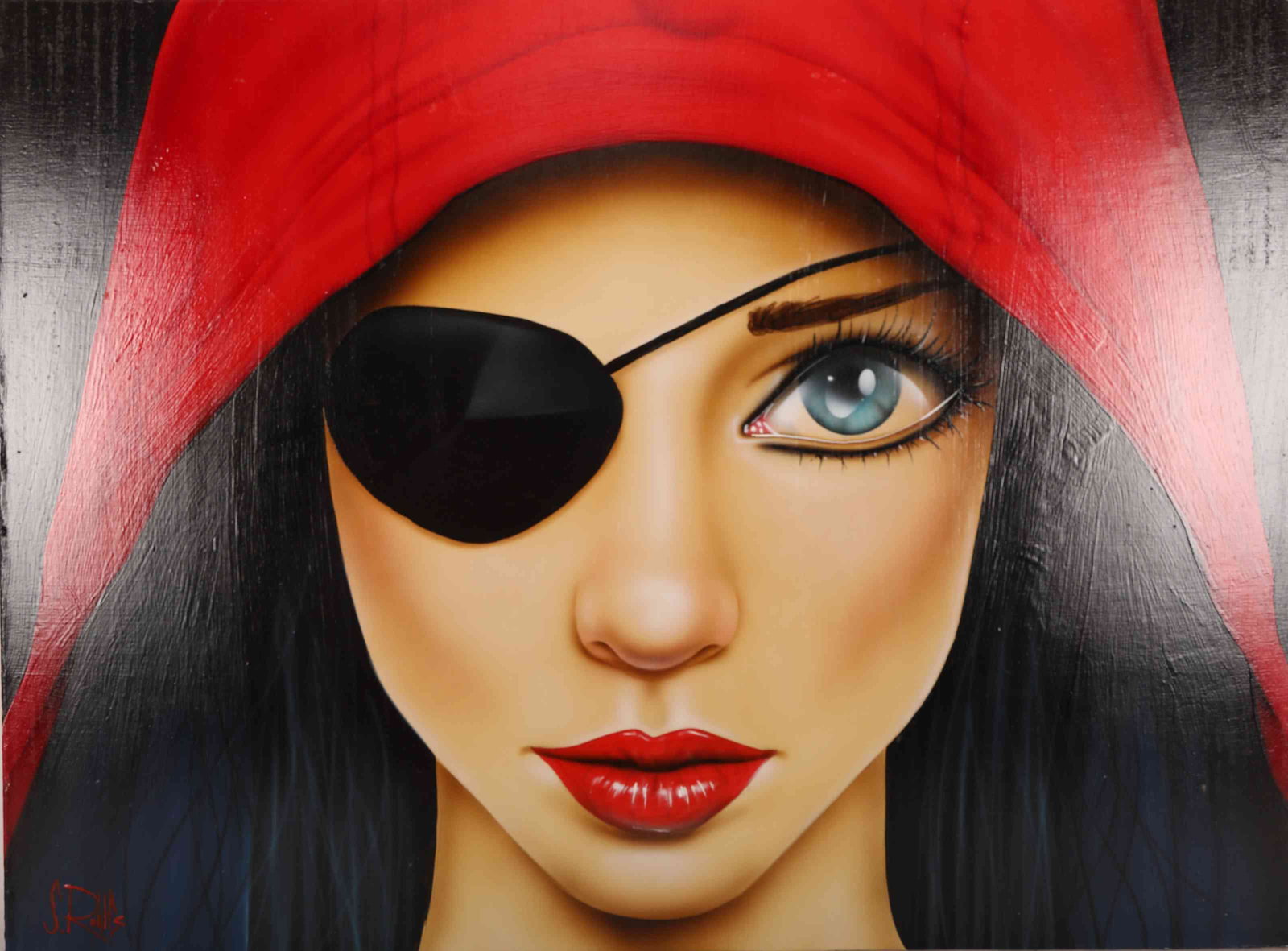 Scott Rohlfs Acrylic On Masonite “Deep Cover” 2013: Scott Rohlfs lowbrow acrylic painting on gessoed masonite wood panel, “Deep Cover”, 2013. Portrait of woman wearing red hood and eye patch on her right eye. Signed lower left and additiona