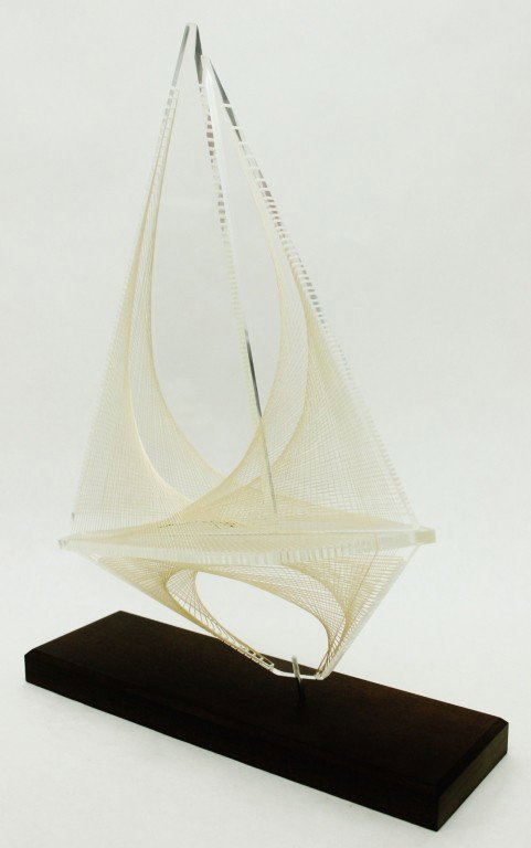Acrylic and String Sailboat Sculpture: Acrylic and String Art Sailboat Sculpture. Mounted on a wooden plinth. Unsigned. Measurements: 10 1/4" x 14 1/4" 3 1/4" Year/Era: Mid-Century Artist: Unknown