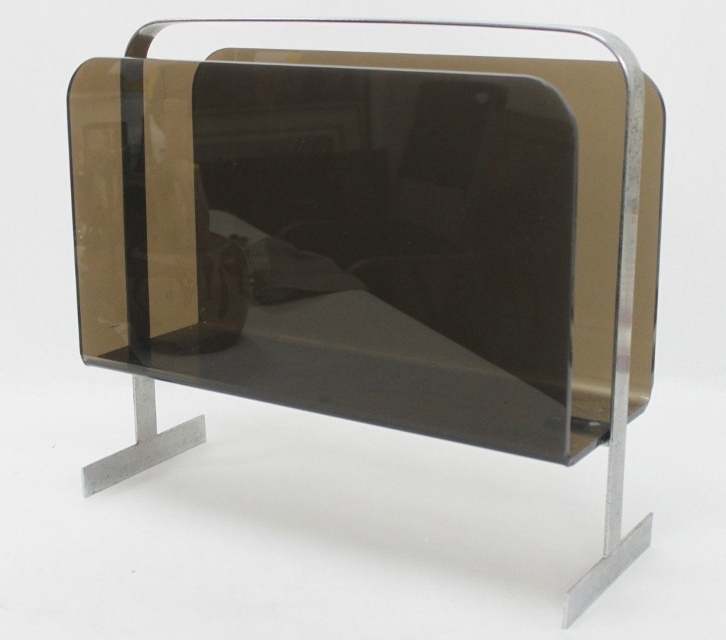 Smoked Milo Baughman Lucite Magazine Rack: Smoked lucite and chrome magazine rack. Measurements: 16.5" x 15" x 6" Year/Era: Mid-Century