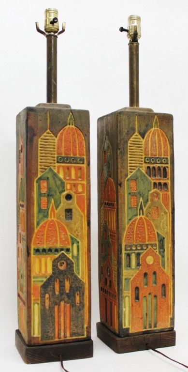 Pair of Vintage Fantoni "Cityscape" Lamps: Pair of Vintage Fantoni "Cityscape" Lamps. Signed, "Fantoni Italy for Raymor". Pottery base of lamp measures 6 1/4" x 22 1/2" x 6 1/4". Measurements: 6 1/4" x 22 1/2" x 6/14" Year/Era: Mid-Century Art