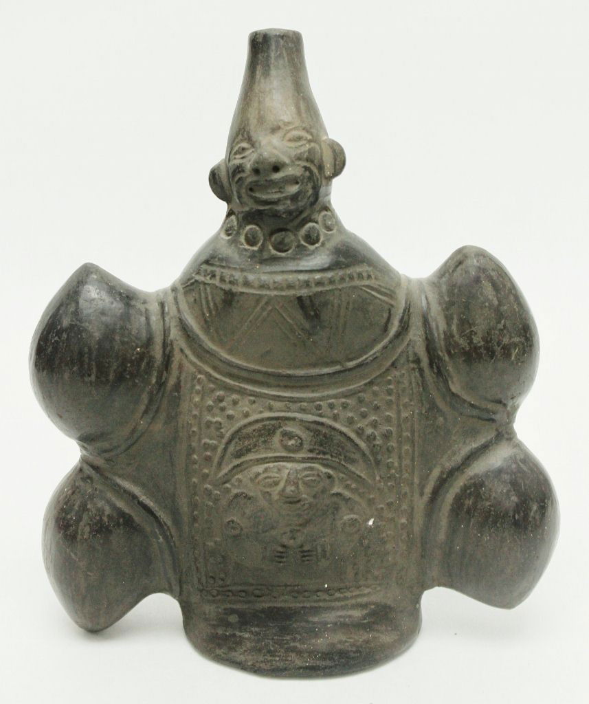 Pre-Columbian Warrior Vessel, Chimu 13-1500AD: Pre-Columbian Vessel Depicting a Warrior. Chimu, 1300-1500AD. Measurements: 6 3/4" x 8 1/2" x 2 1/2" Year/Era: Pre-Columbian