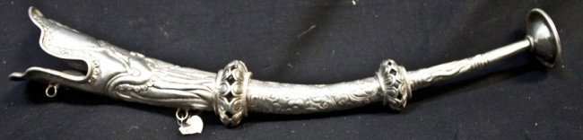 19th C Bhutanese 800 Silver Ritual Horn: Bhutan 800 Silver Ritual Shofar, Segmented And Collapsible. 24k Gold Wash Detail, With Loops For A Belt Chain. Bell Of The Instrument Has Dragon Head Motif. Weighs 7.8 Oz Measurements: 14.25" x 2.25" 